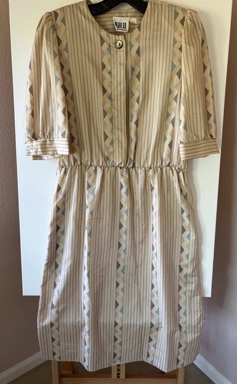 Vtg 80s KH II Sportswear Secretary Dress S 8 Beige Southwest Midi Pockets *READ