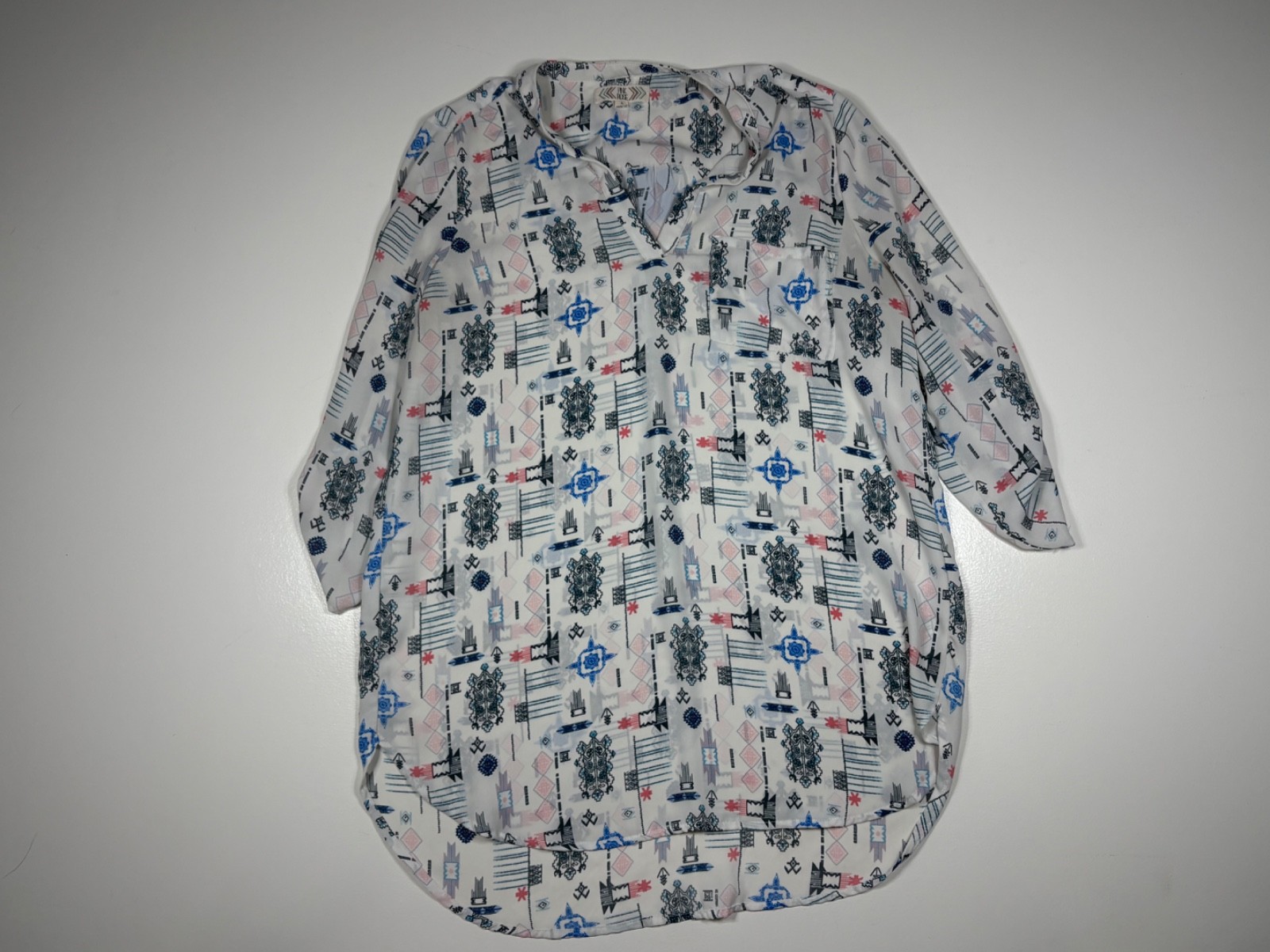 Pink Rose Tunic Blouse Women L Multicolor Desert Print Pocket Lightweight Casual