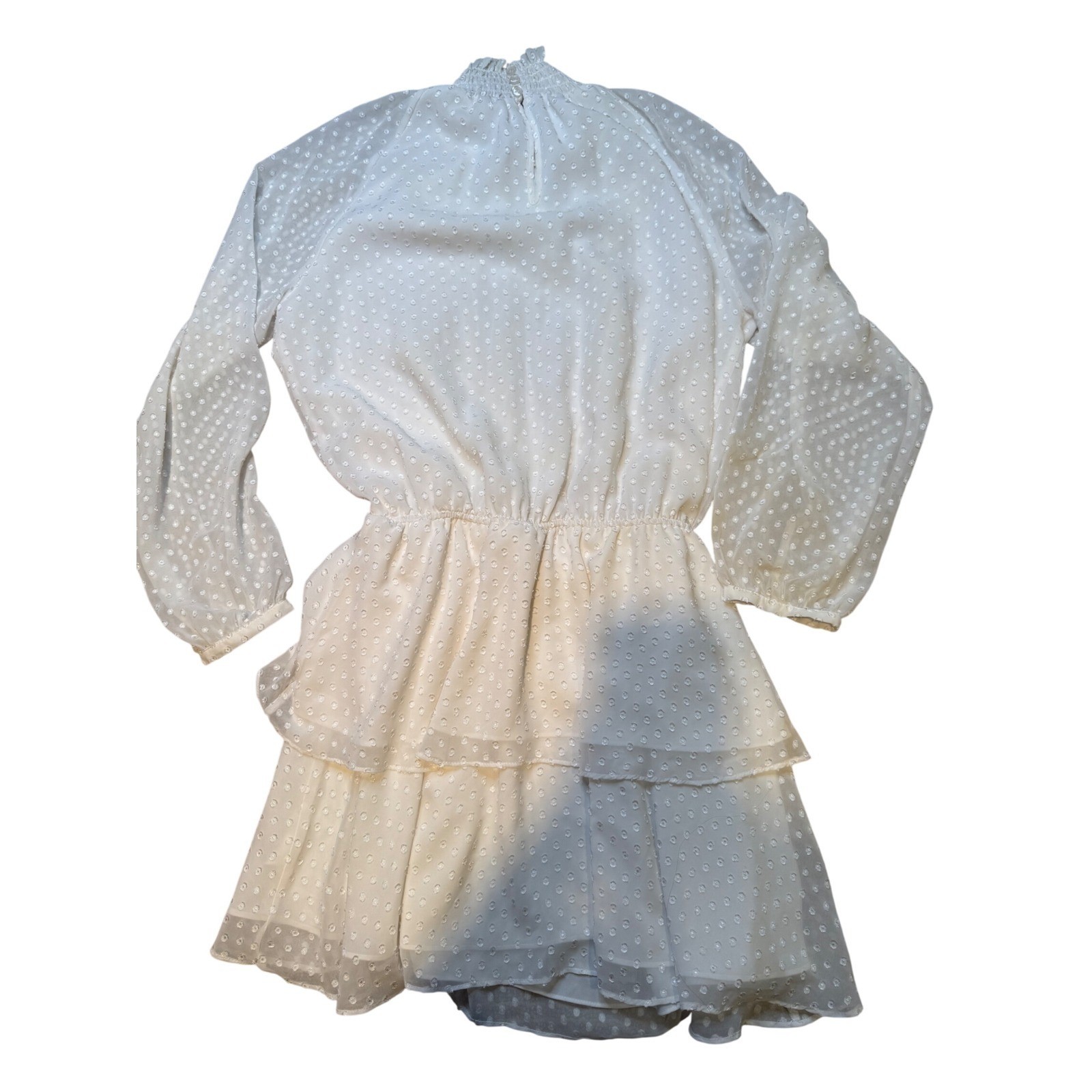 Yumi kim Cream Swiss Dot Mock Neck Tiered Ruffle Dress Size L Long Sleeve