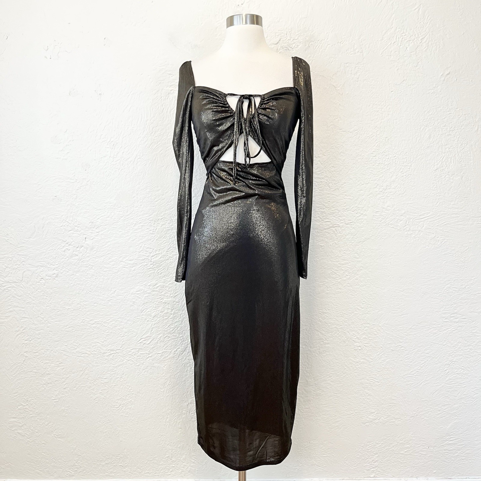 NSR Dress Midi Black Gold Metallic Cutout Tie Front Party Cocktail size XS