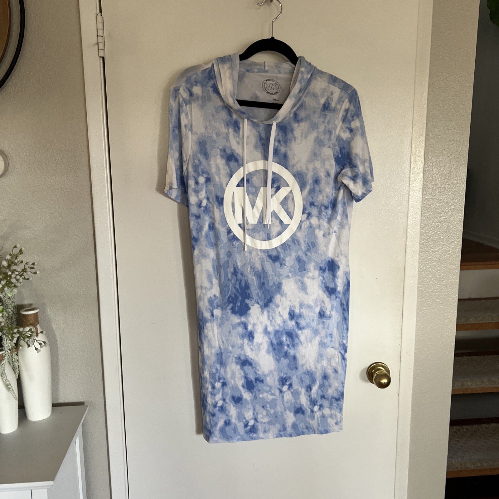 Michael Kors Circle Logo Poolside Hoodie Tshirt Dress Watery Blue ~ Casual Sz L