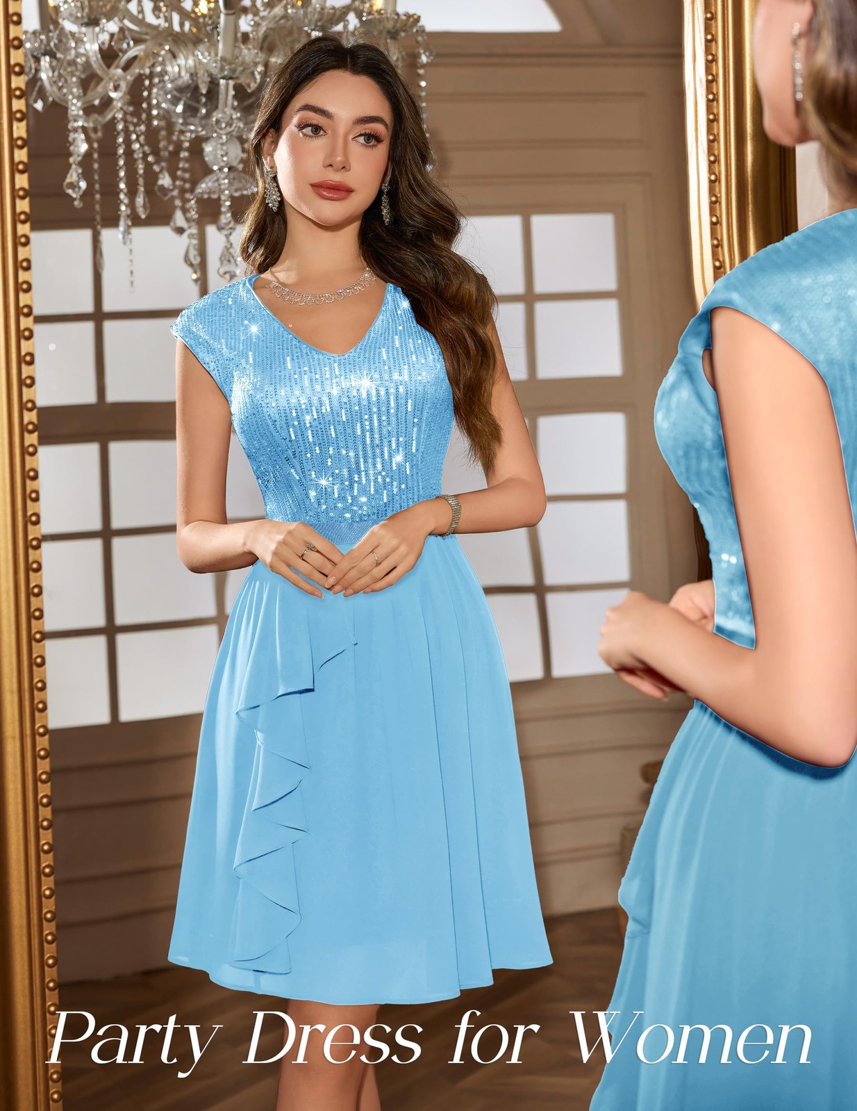 Wedtrend Women’s Sequin Dress WTS6005 Small Blue A-Line Ruffled Hem Glitter