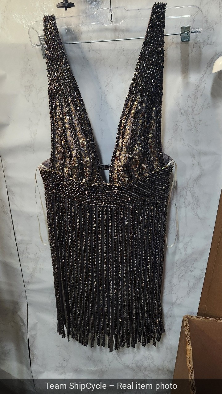 with tags MANDALAY 10 Dress Sleeveless Metallic Fringe Mini Deep V Neck G2U