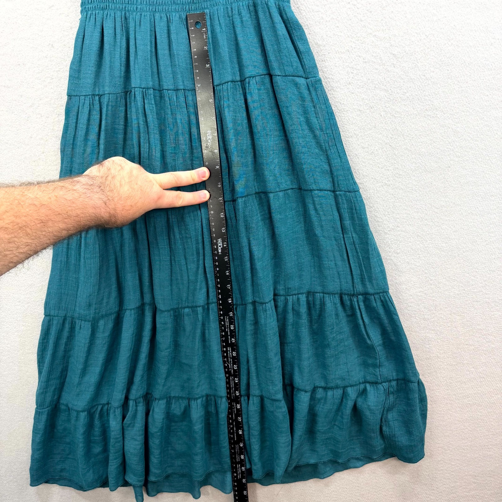 J Gee Tiered Maxi Dress Womens Small Teal Ruffle Shirred Bodice Lace Detail Neck