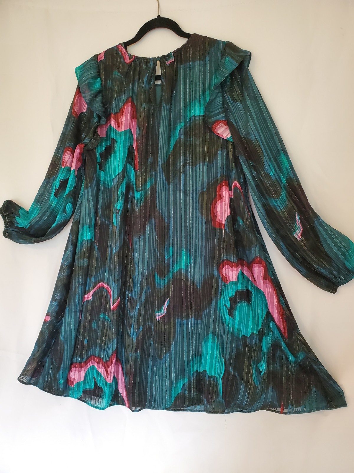 🎉NINE WEST🎉 Green, Black & Pink A-line/Flared Colorful Art Party Dress Sz Lg