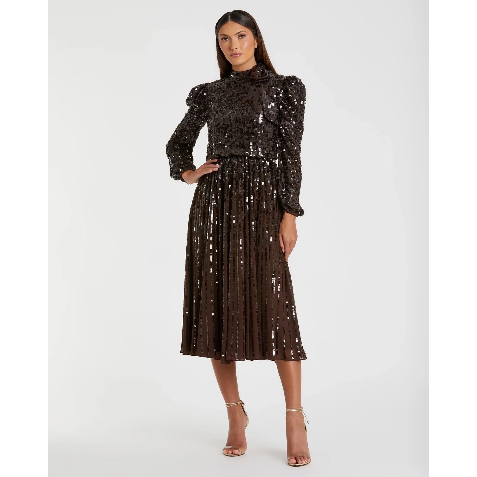 Mac Duggal 93642 Brown Sequin Bow Neck Pleated Midi Dress Women’s Plus Size 20