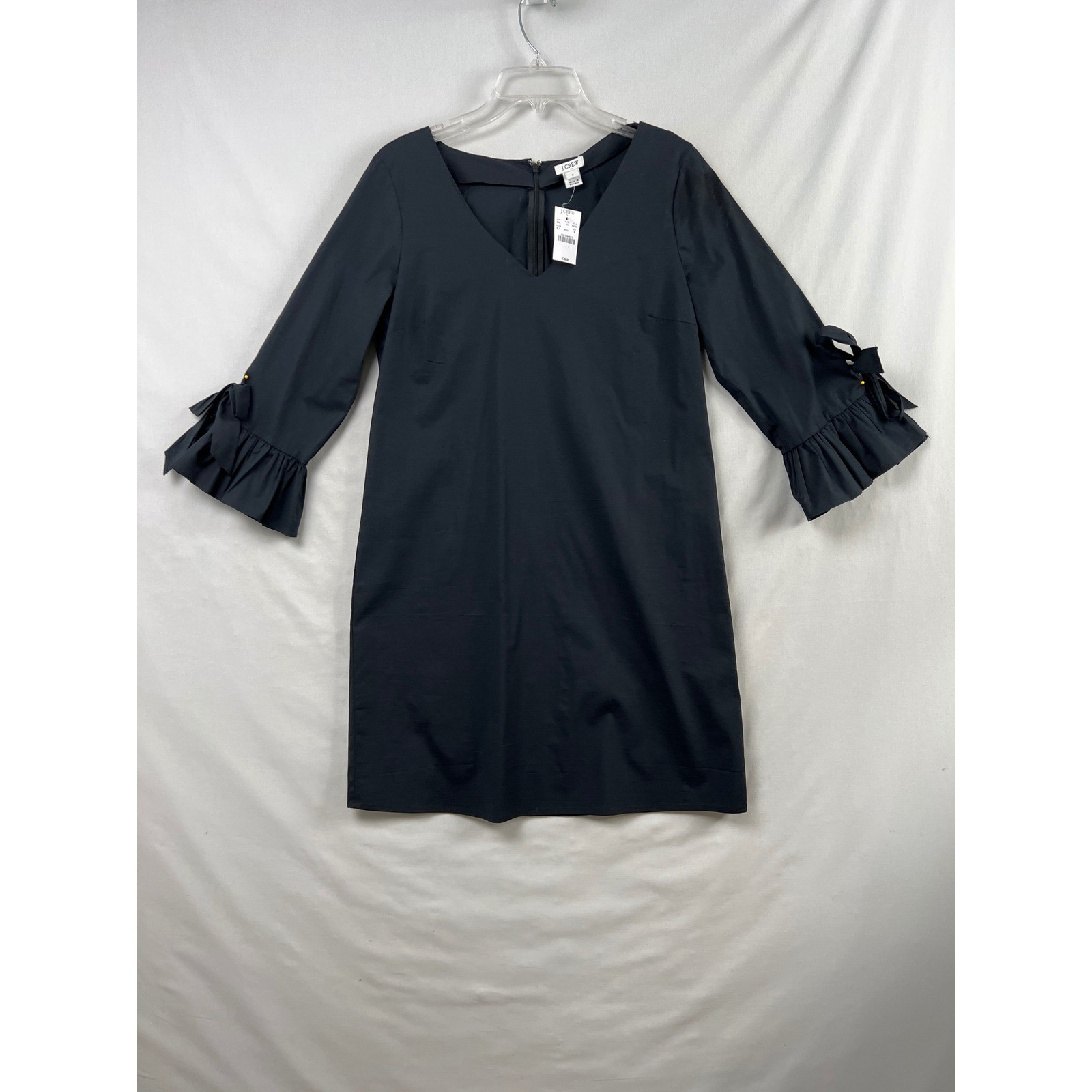 J.Crew Shift Dress Women 6 Black V-Neck Ruffle Bow Sleeve Cotton Blend Travel