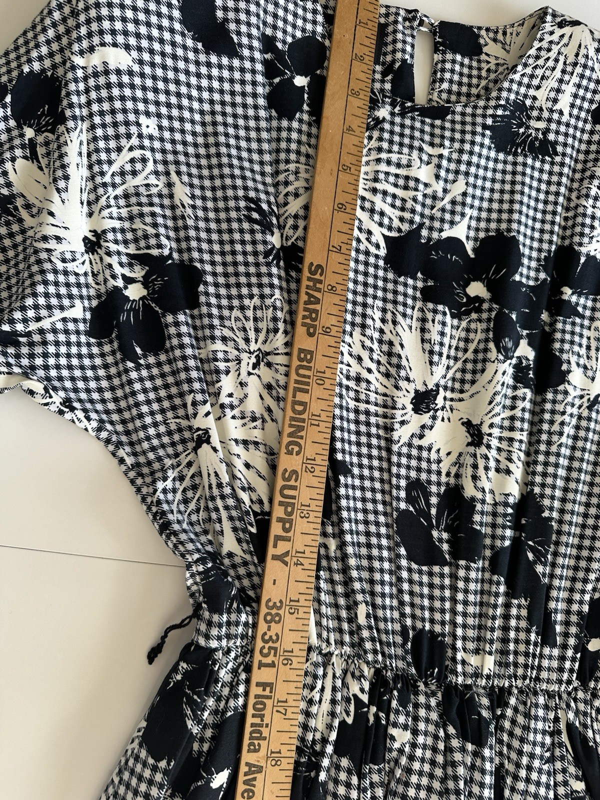 VTG Sheath Dress Retro MCM Career Blouson Overlay Floral Black White Gingham S