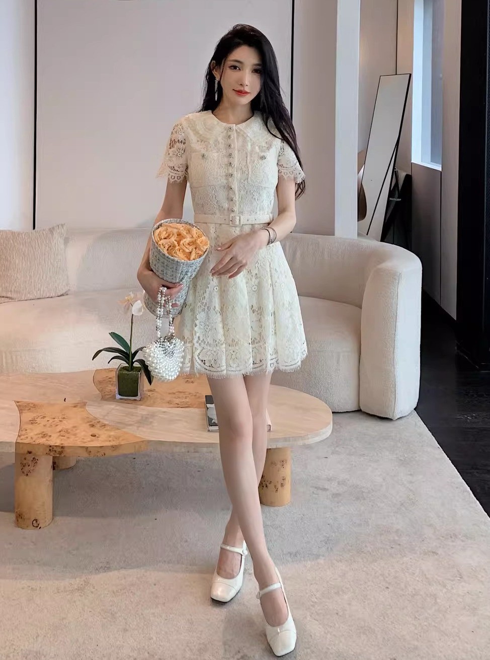 Self-Portrait Doll collar drill Flower Lace Hollowed-out Dresses Belt