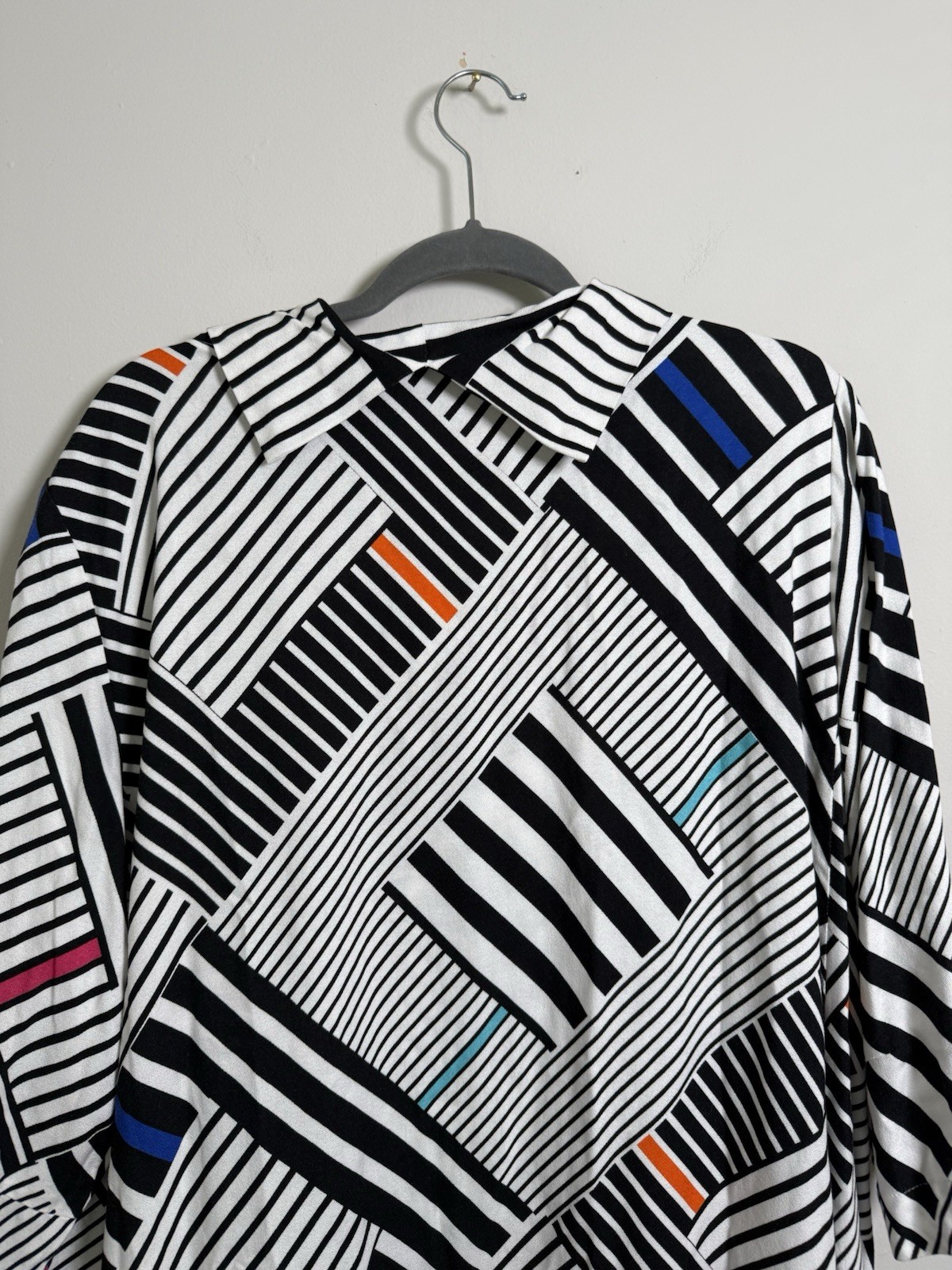 AINO Finland Sz Large Artistic Collared Dress Geometric Lagenlook Artsy Colorful
