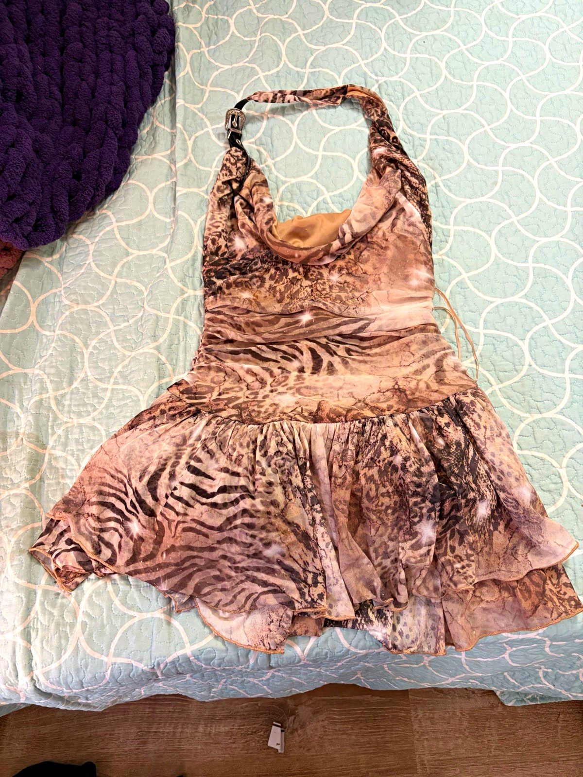 Windsor Women’s L Zebra Animal Print Halter Mini Dress Layered Mesh Lined