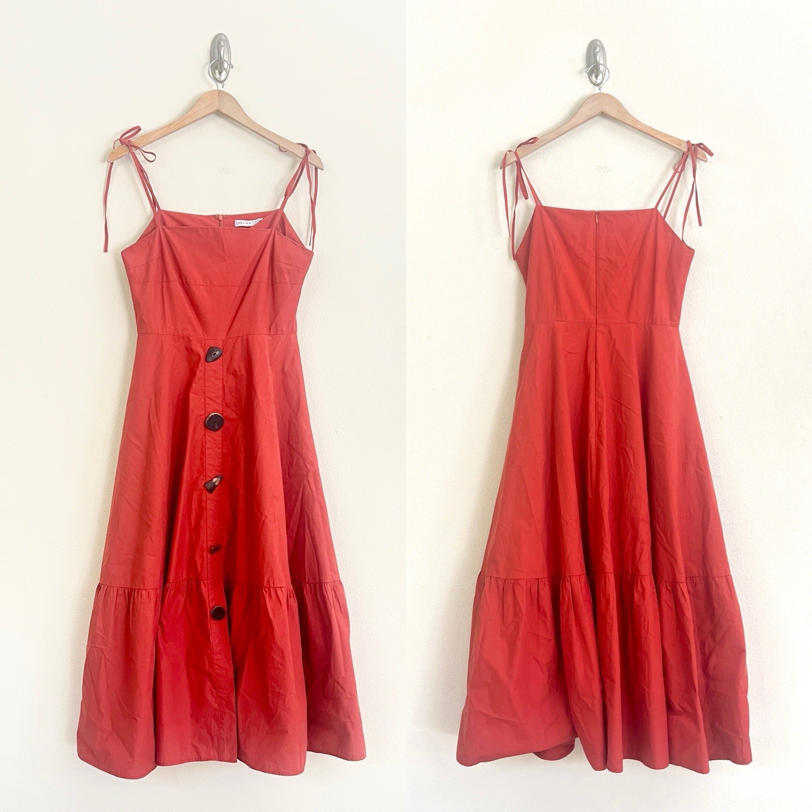 $670 REJINA PYO Maria Rust Red Poplin Tie Strap Button Midi Dress UK10 US6