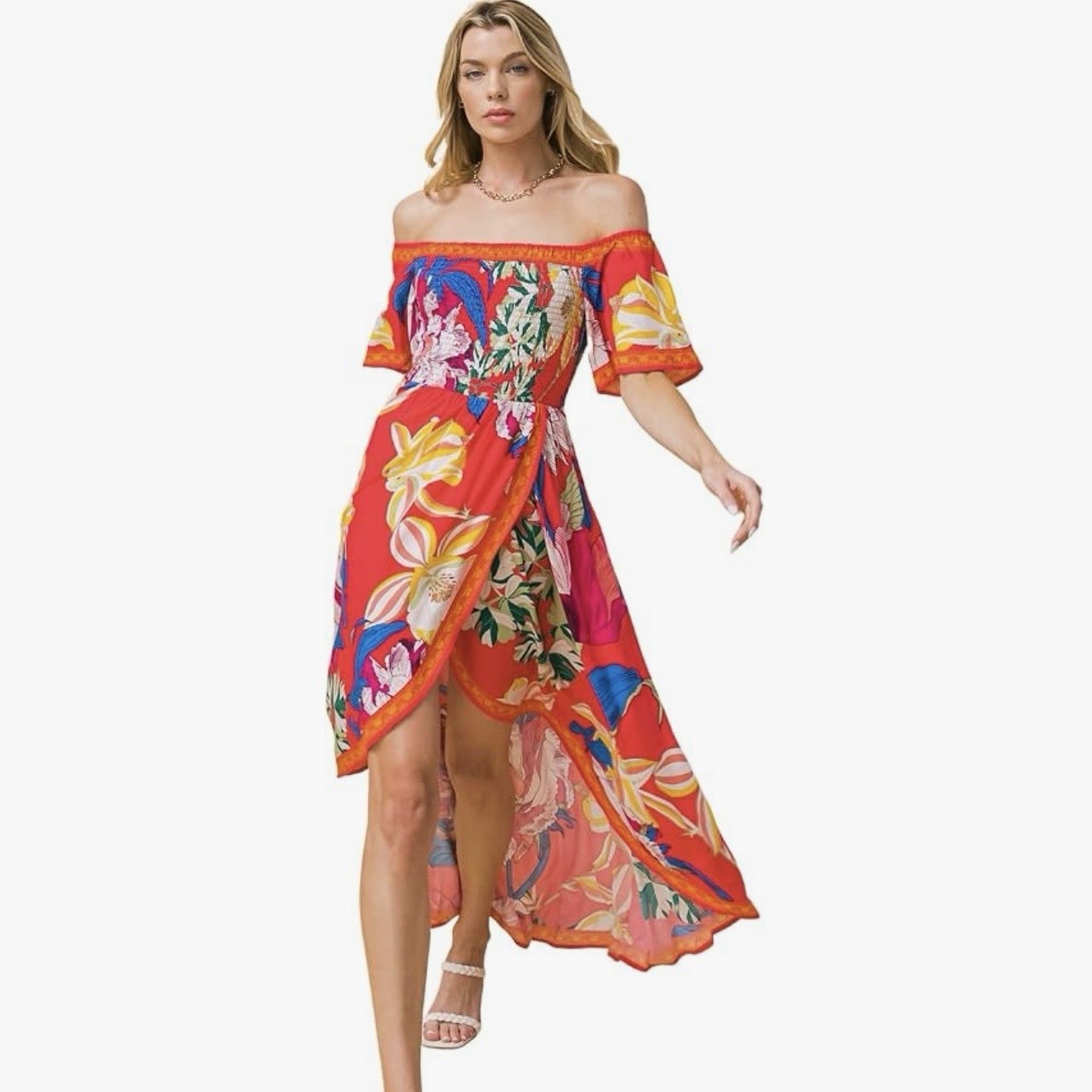 Off Shoulder Maxi Dress Tropical Floral Smocked Red Dress Boho Flirty Travel, M