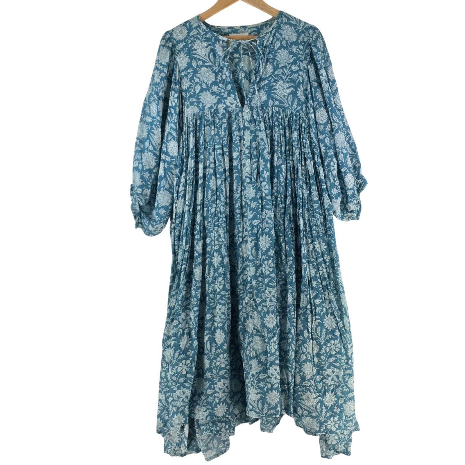 Daughters Of India Dress Womens L Blue Floral Boho Long Sleeve Swing Maxi 131306