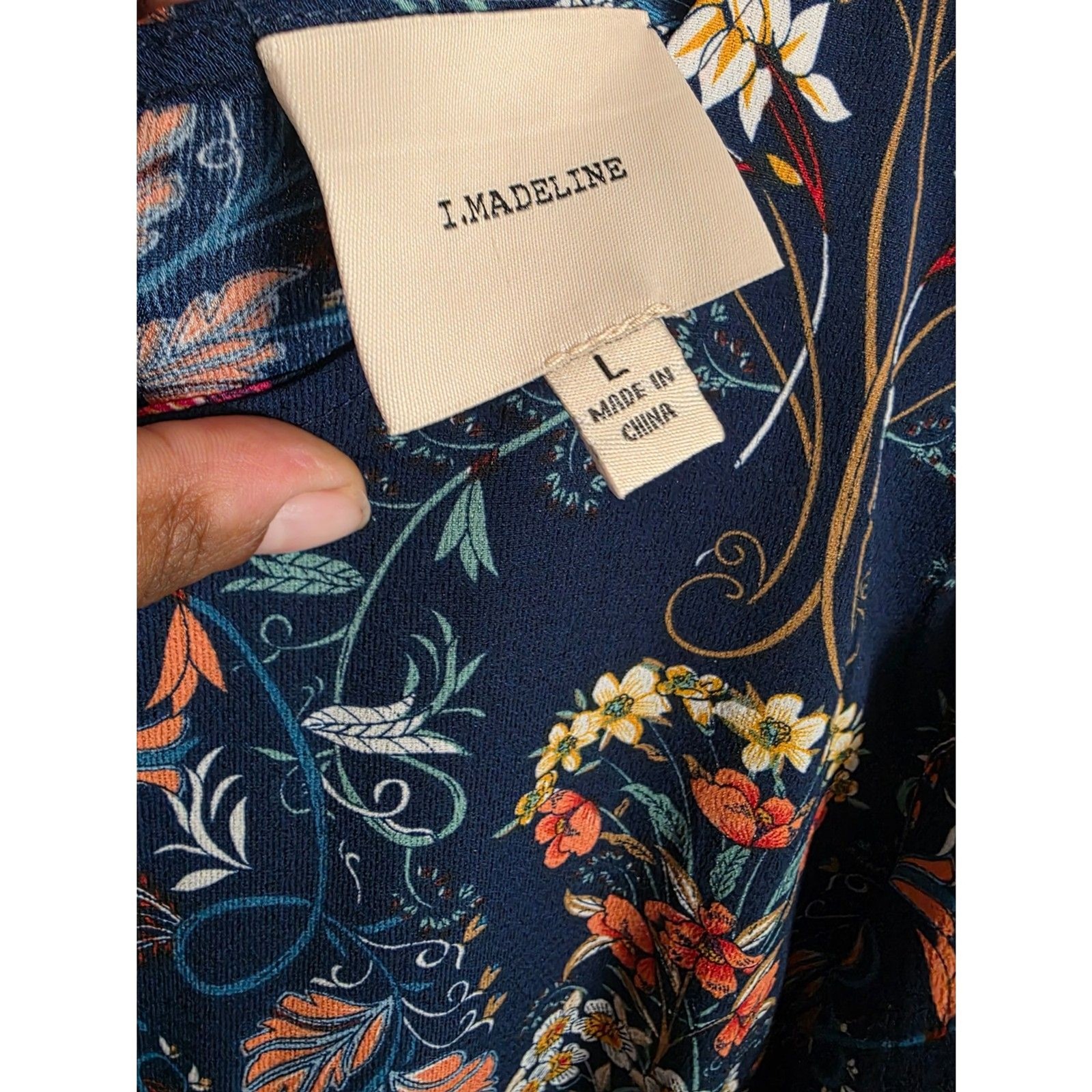 I.Madeline Boho Navy Floral Damask Midi Dress Long Sleeve Large L Cottagecore