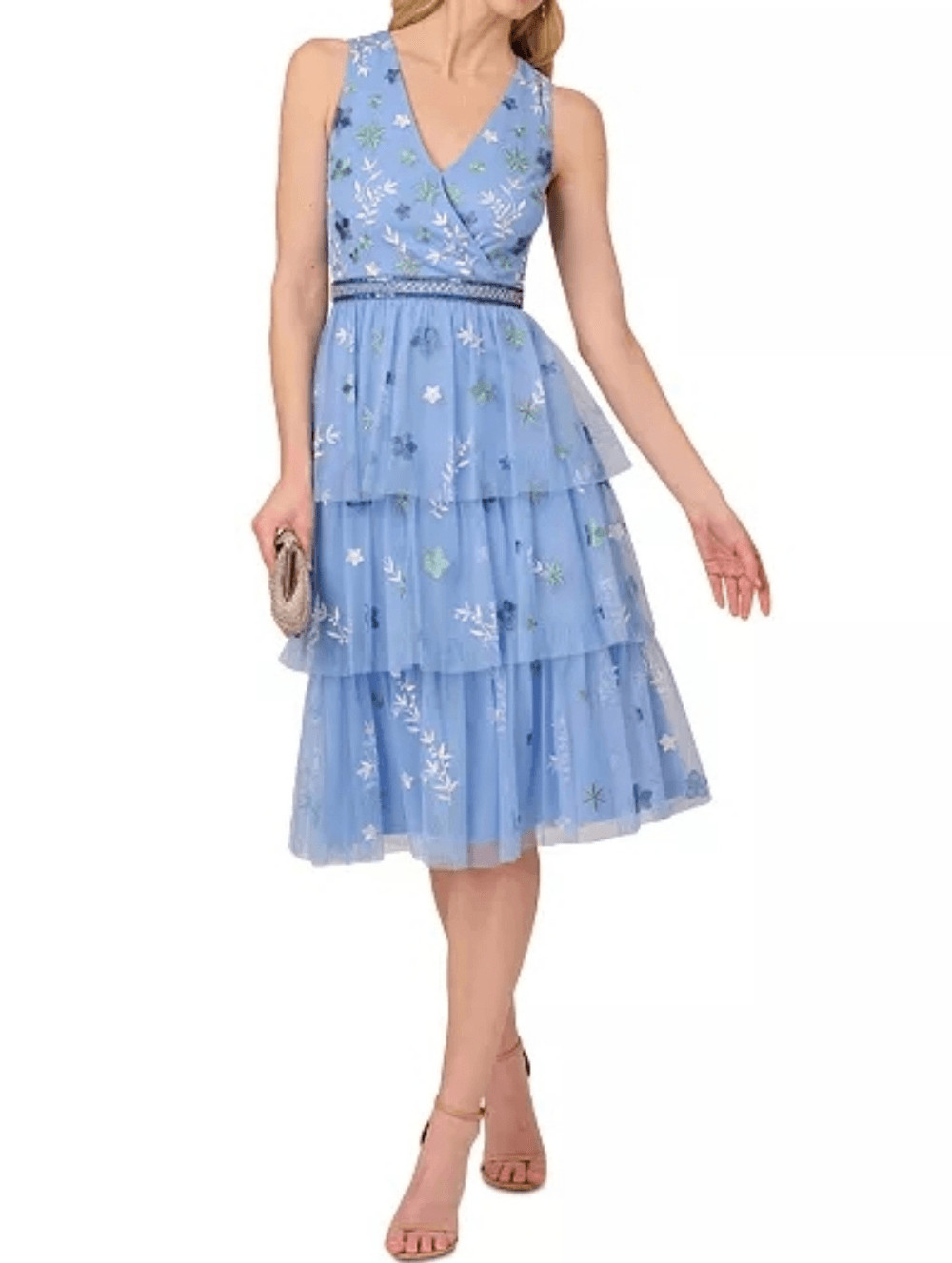 NWT Adrianna Papell Blue Beaded Tiered Mesh Dress Size 14