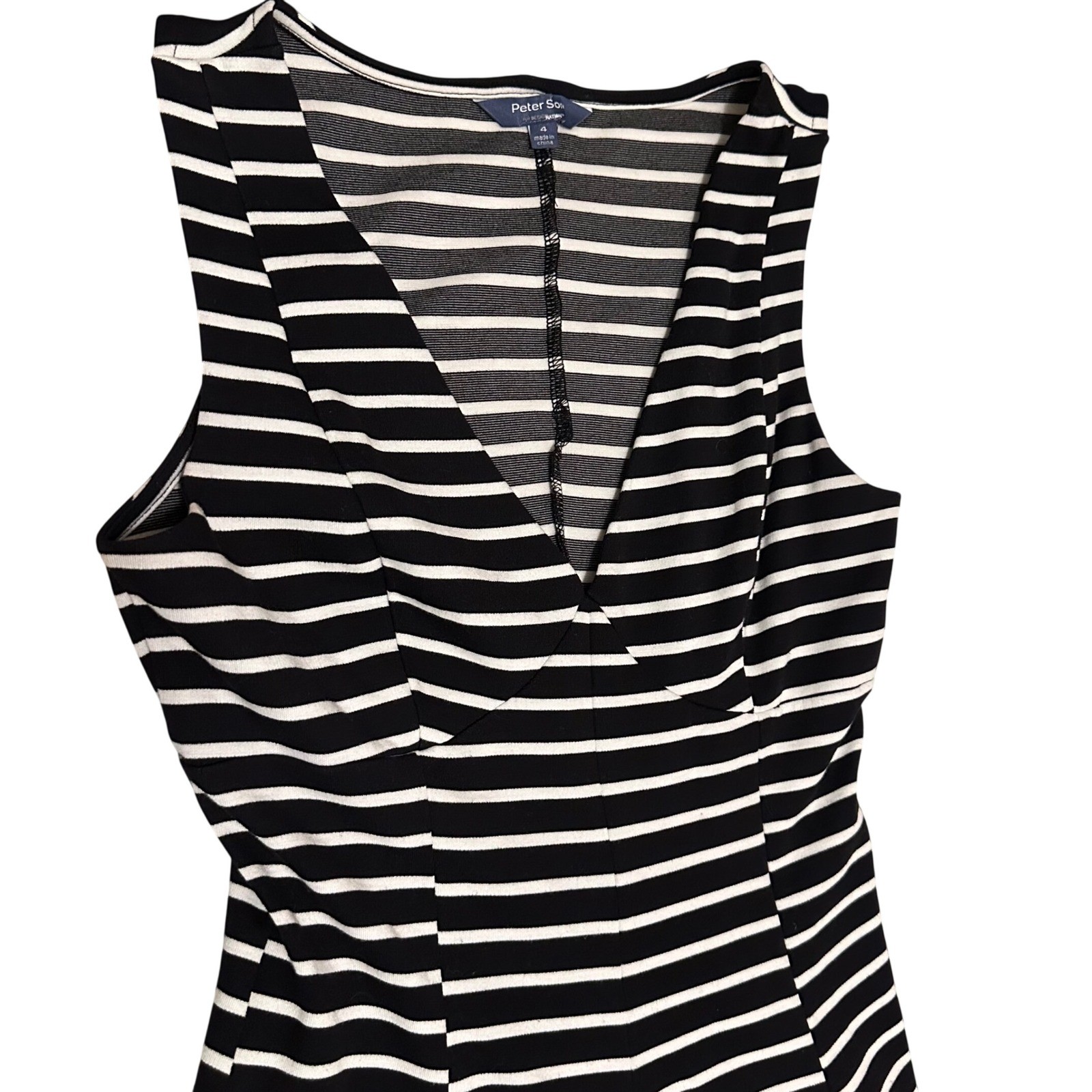 Peter Som DesigNation Black White Striped V-Neck Fit Flare Dress Womens 4