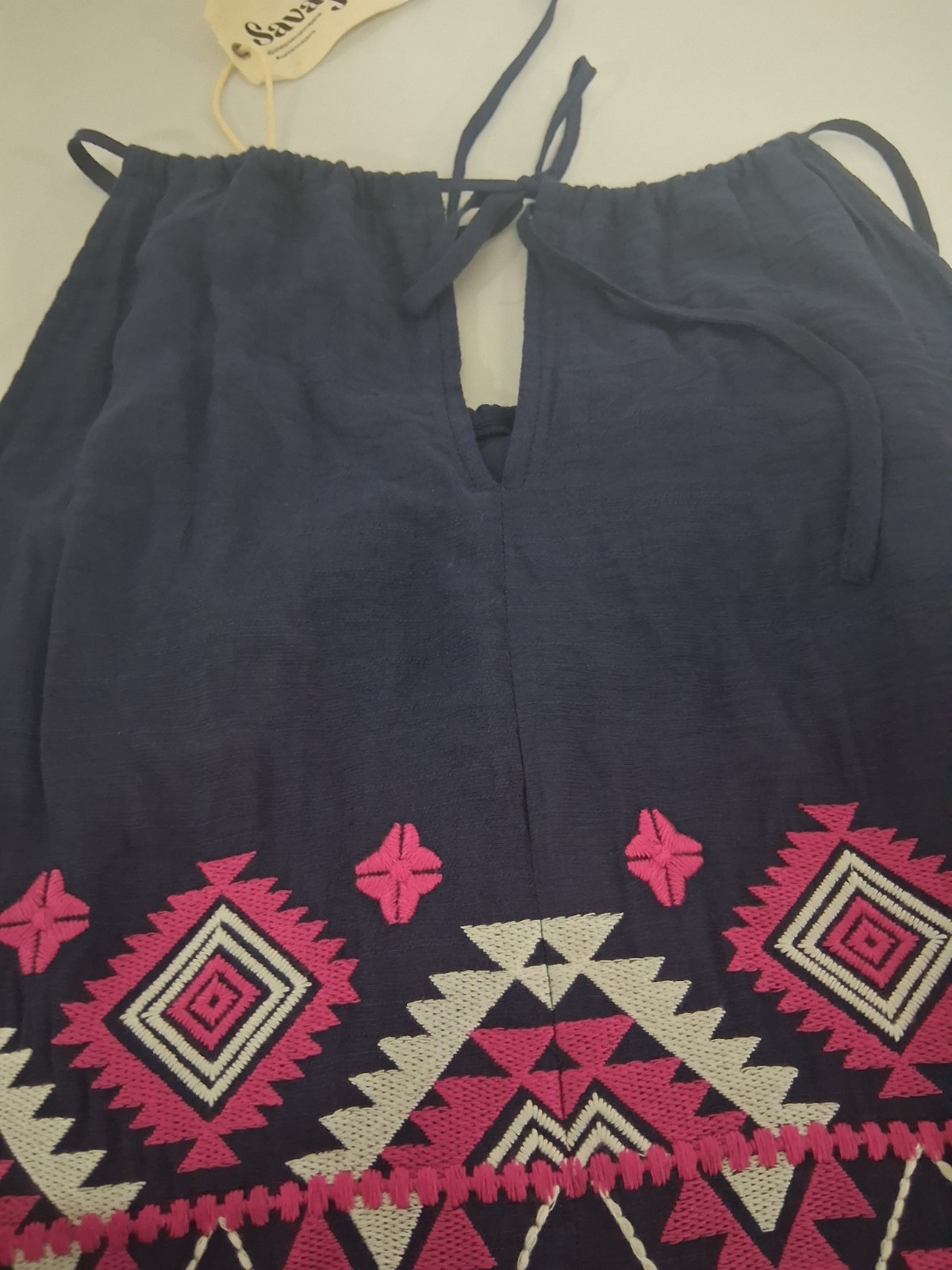 Women’s 2X Embroidered Navy Pink White Aztec Boho Sundress Knee