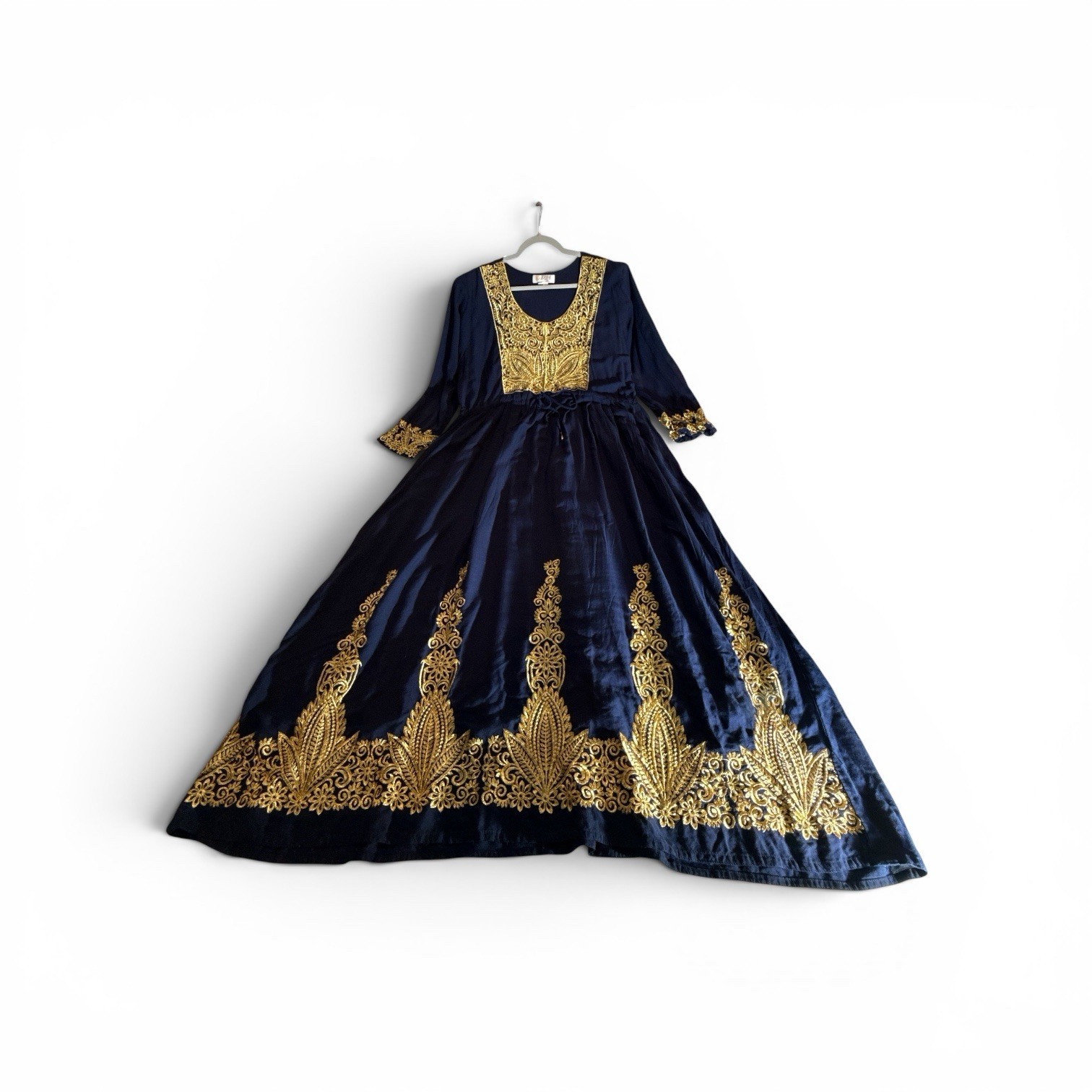 Soni Navy/Gold Embroidered Maxi Kaftan Dress Long Sleeve Scoop Neck XL C1-0042D