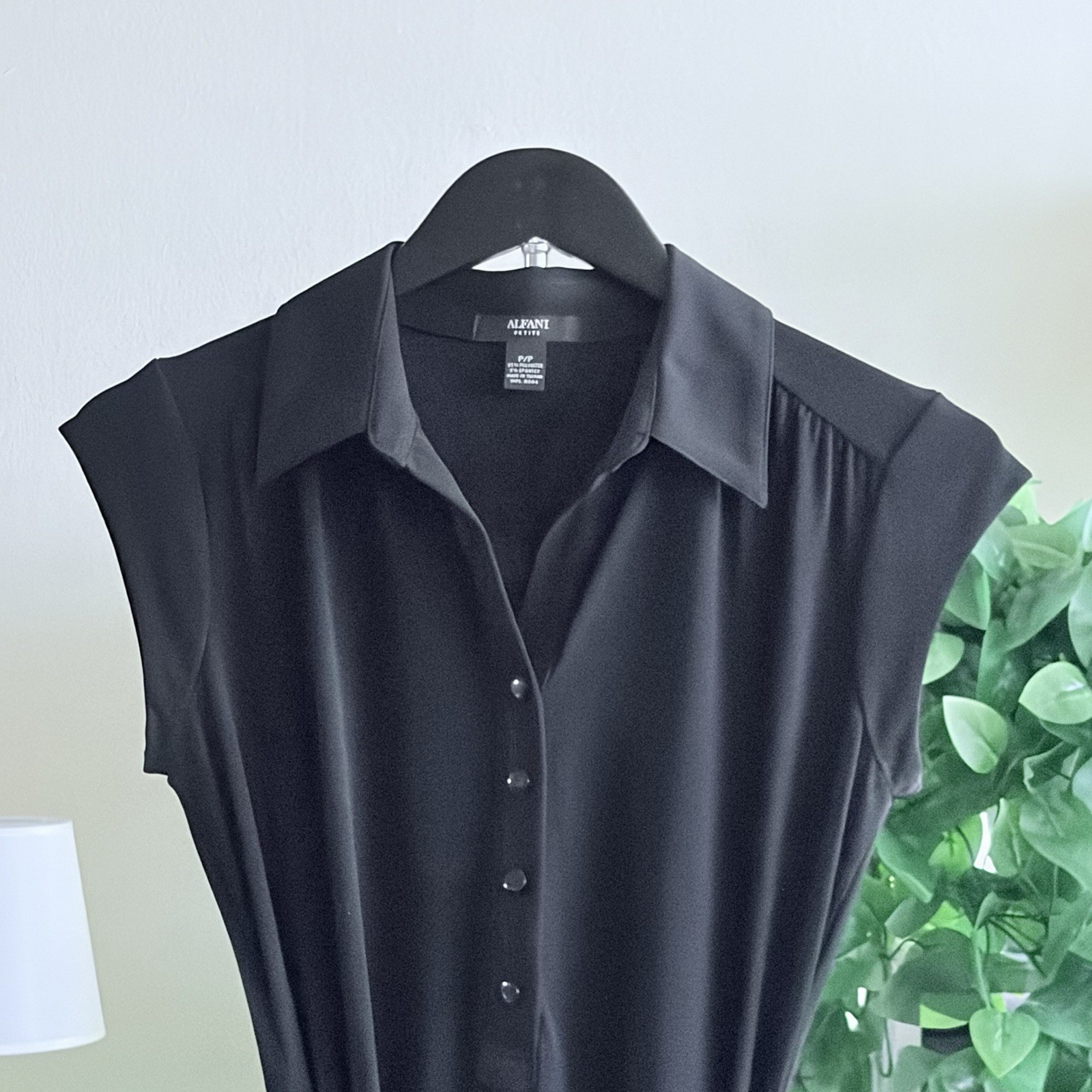 Alfani Women’s Petite P/P Black Solid Collared Button Shirt Dress Stretch