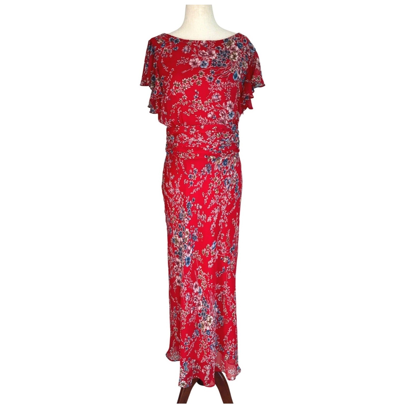 Coldwater Creek Red Floral Flutter Sleeve Maxi Dress Size 12 New With Tags