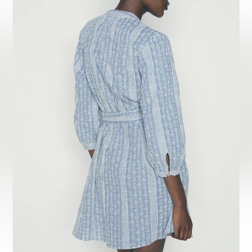 ZARA Crochet Daisy Blue & White Gingham Rattan Belted Mini Dress Size Med