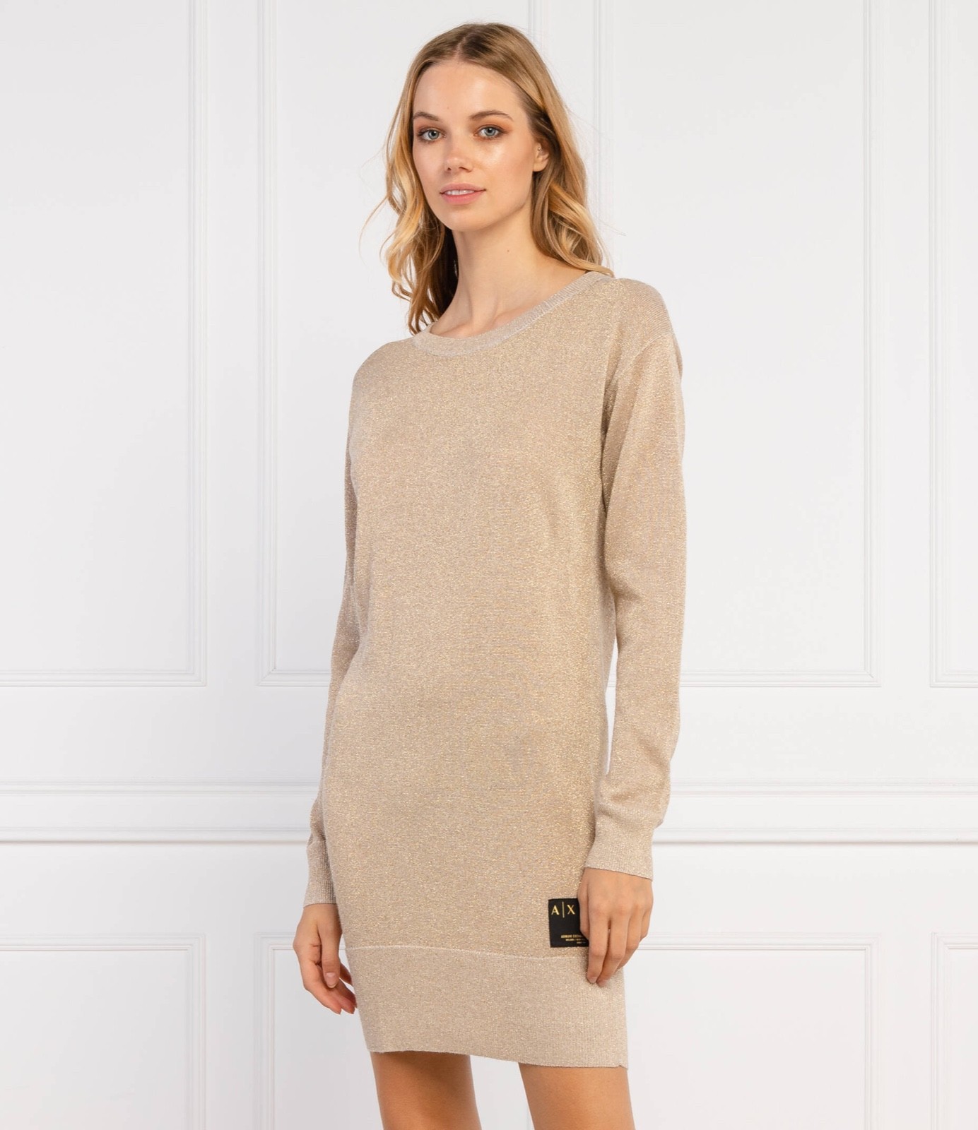 $140 AX Armani Exchange Gold Metallic Merino Blend Knit Mini Dress Long Sleeve M