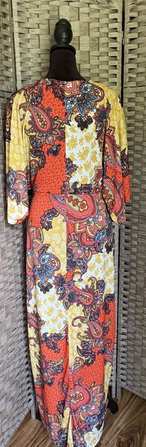 Twist Front Orange Paisley Maxi Dress Boho Kimono Sleeve NEW $79 Venus Women’s M
