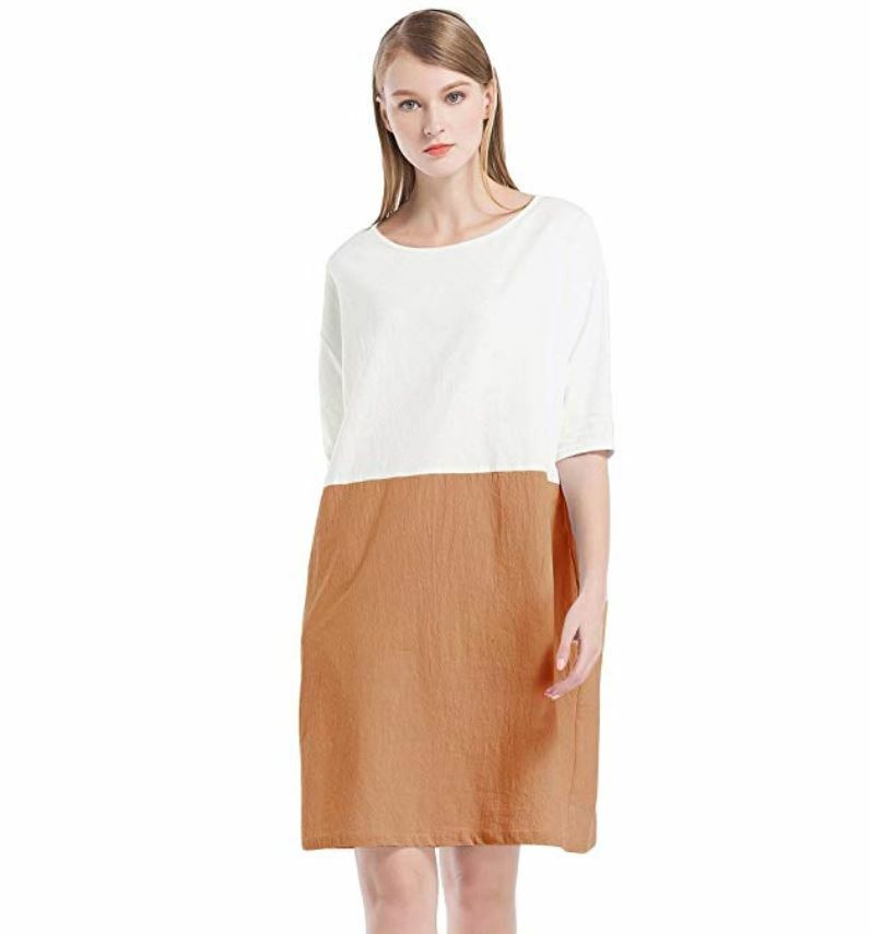 Malia Summer Day Casual Dress Large L Cotton White Brown Loose T-Shirt Dress