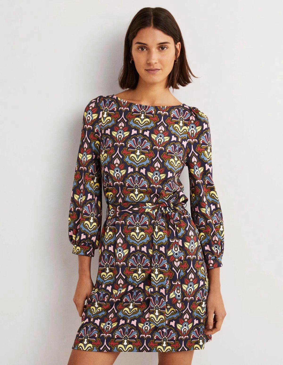 BODEN Tie Detail Jersey Shift Dress Size US 4R Multicolor Print