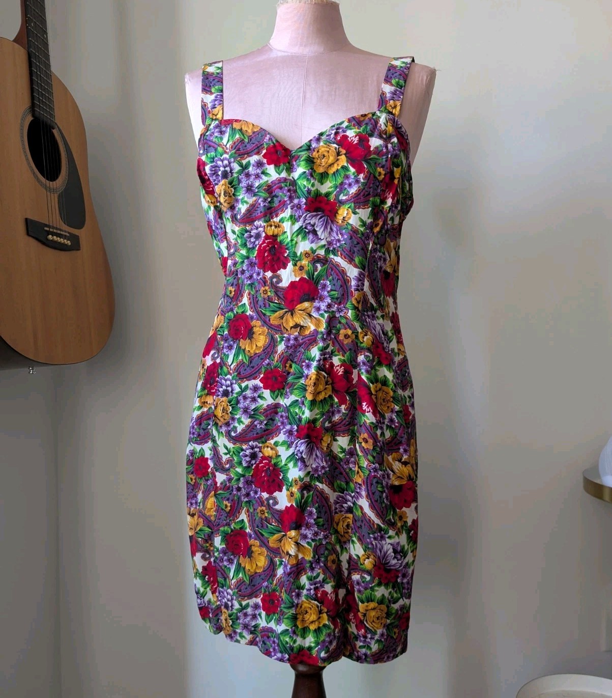 Vintage 90s Rampage Mini Dress Paisley Floral Sweetheart Princess Seams 11
