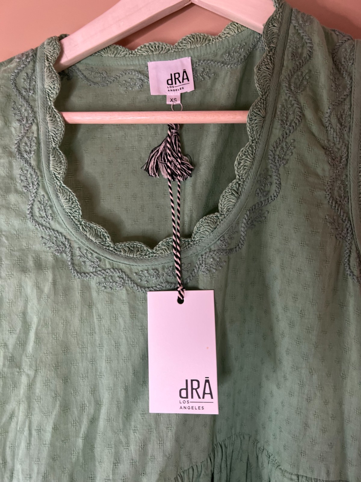 DRA Nocelle Dress Green Cotton Embroidered Midi Full Skirt NWT