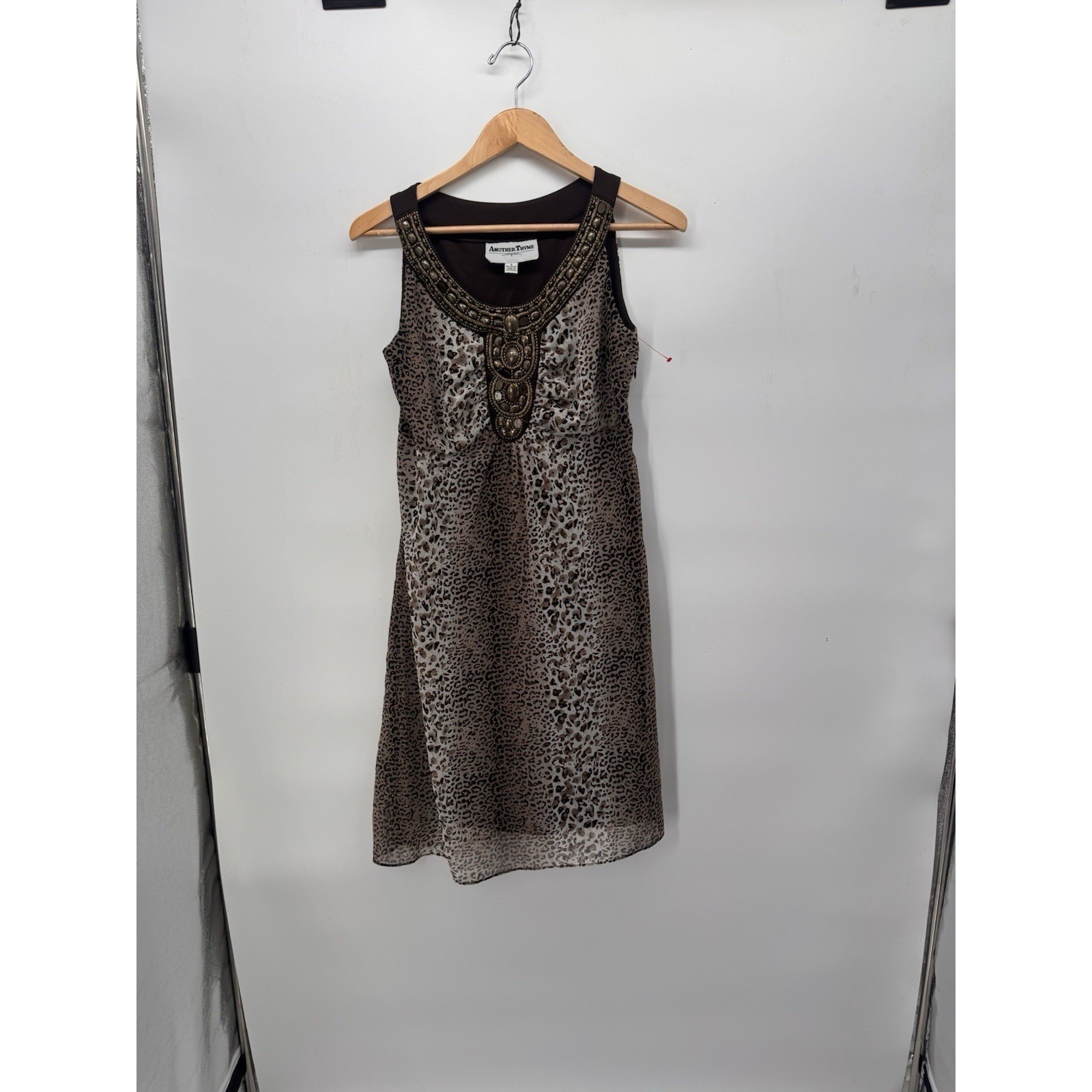 Another Thyme Leopard print Dress Beaded Neckline Boho Chic Sz 6 Y2K Style Glitt