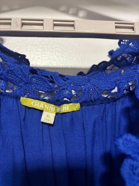 Gianni Bini XL Royal Blue Fit & Flare Smocked Lace Tiered Dress Puff Sleeve