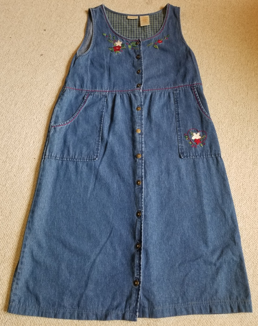 VINTAGE 90s Womens Jumper/Dress-BOBBIE BROOKS-blue denim embroidered Teacher-S