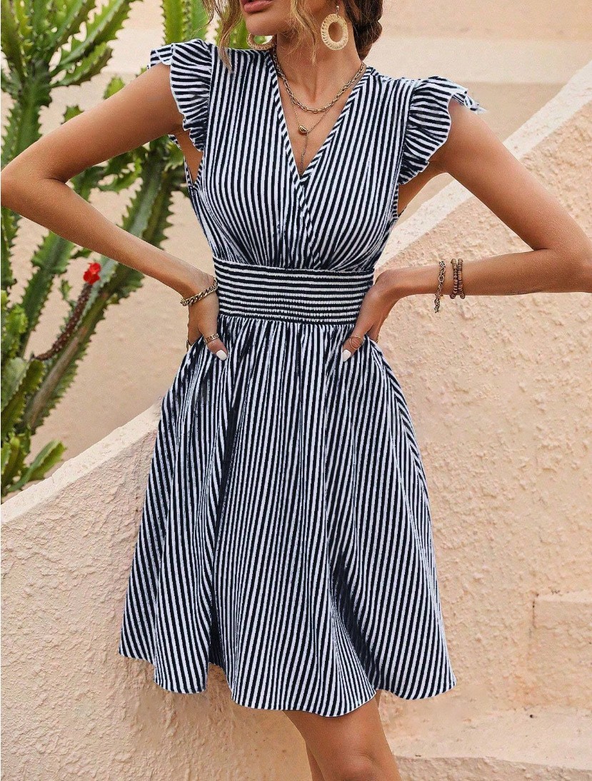 ELEGANT STRIPED V Neck Summer DRESS Smocked High Waist Casual A Line Midi S-XL