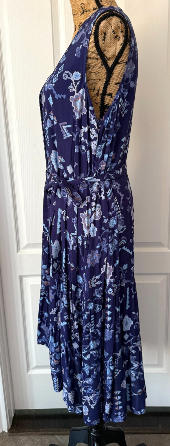 Beach Lunch Lounge Shirt Dress Button Up Belted Sleeveless V-Neck Blue Floral L