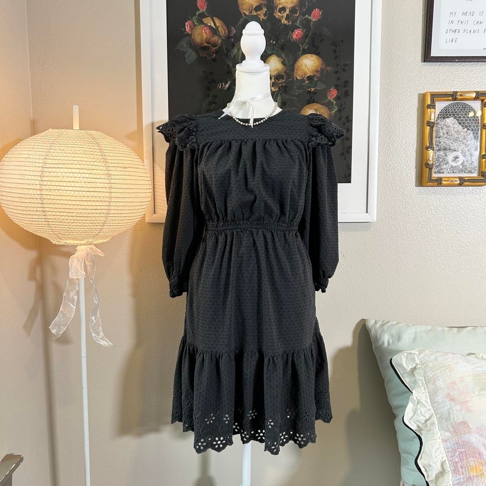 Universal Thread dark gray ruffle eyelet frilly long sleeve dress XS