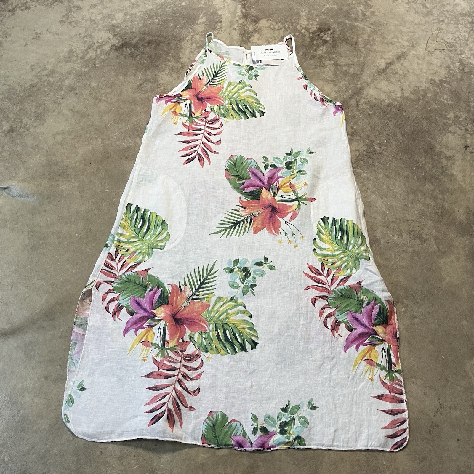 Lungo L’arno Linen Dress Womens Size Large White Floral Midi Coastal Beach