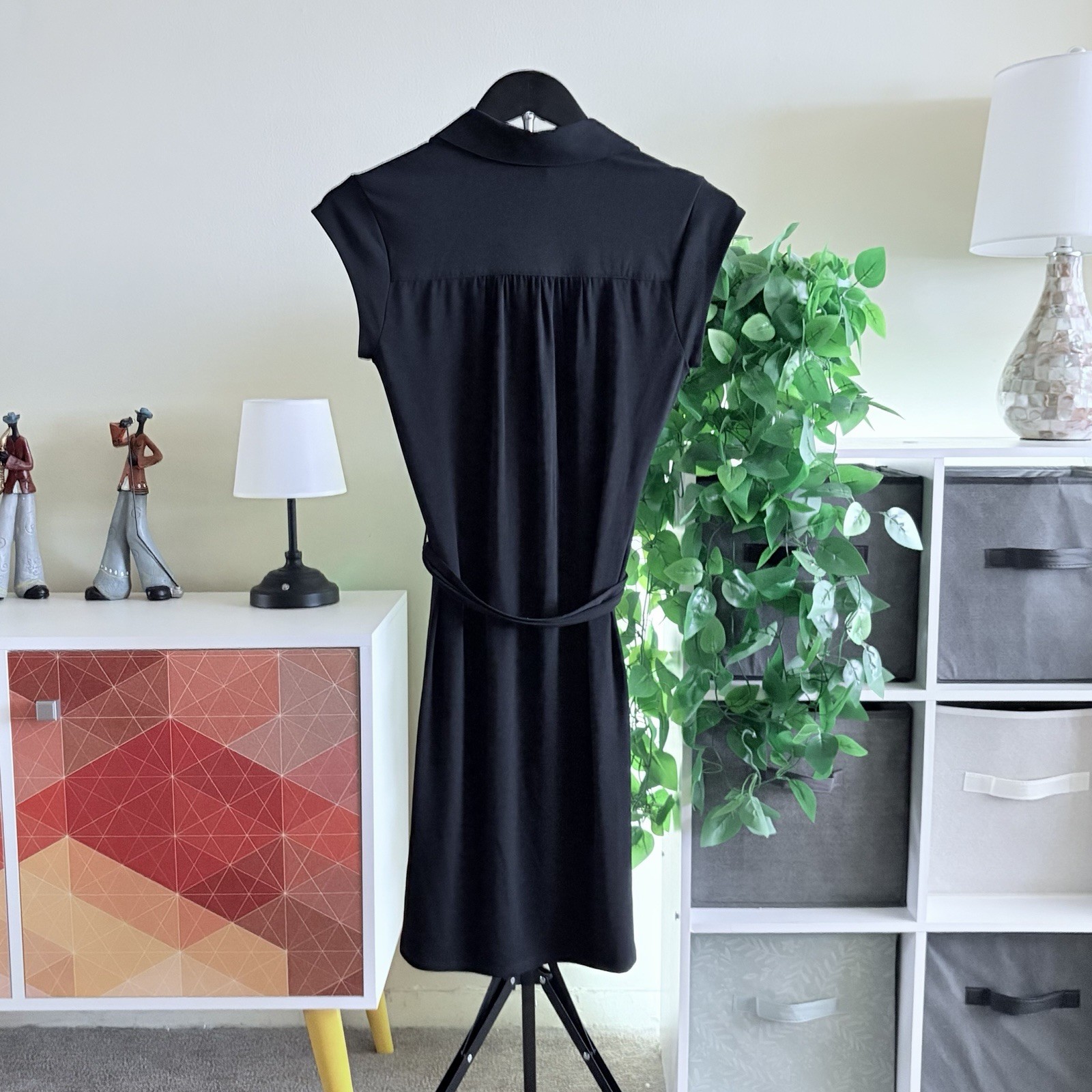 Alfani Women’s Petite P/P Black Solid Collared Button Shirt Dress Stretch