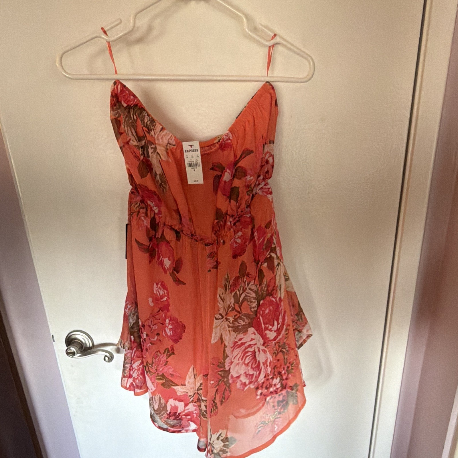 Express Floral Chiffon strapless romper Orange/Pink Ruffle M