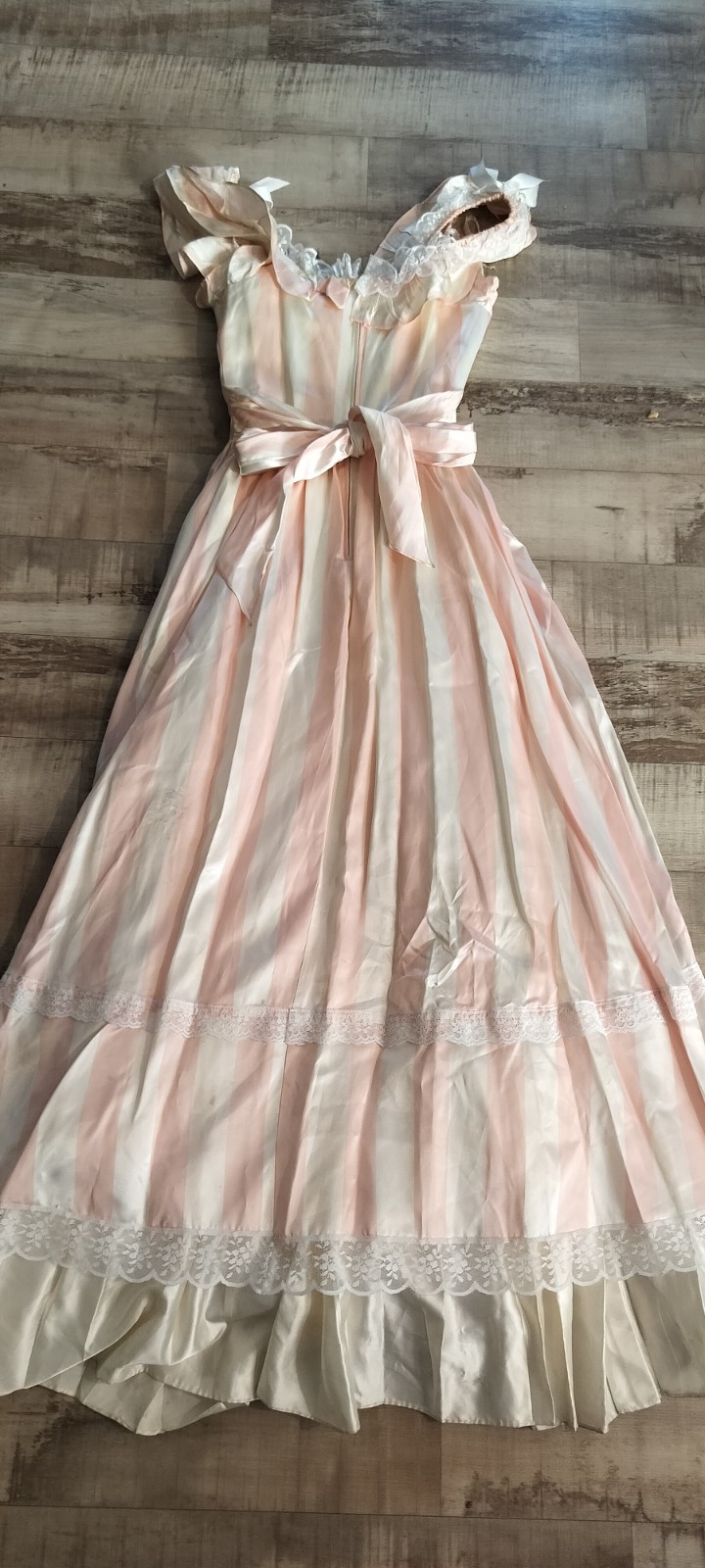Pink White Striped Satin Acetate Maxi Dress Lace Ruffle Bow Zip 7/8
