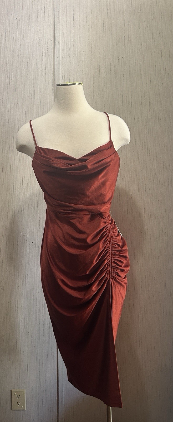 Windsor Rust Satin Cowl Neck Ruched Side Slit Strappy Midi Bodycon XL