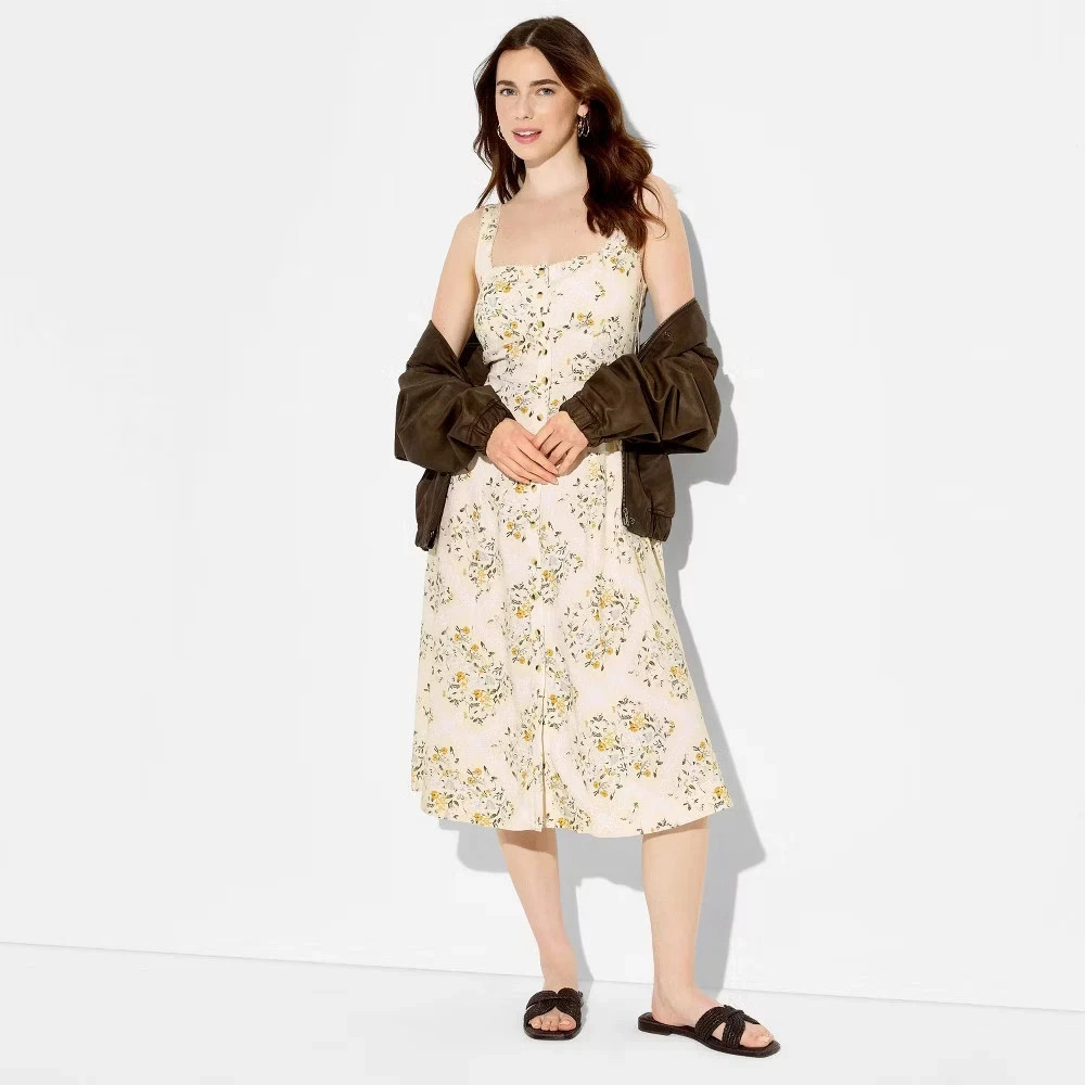 Women’s Smocked Button-Front Midi A-Line Dress – Wild Fable Yellow Floral XXS