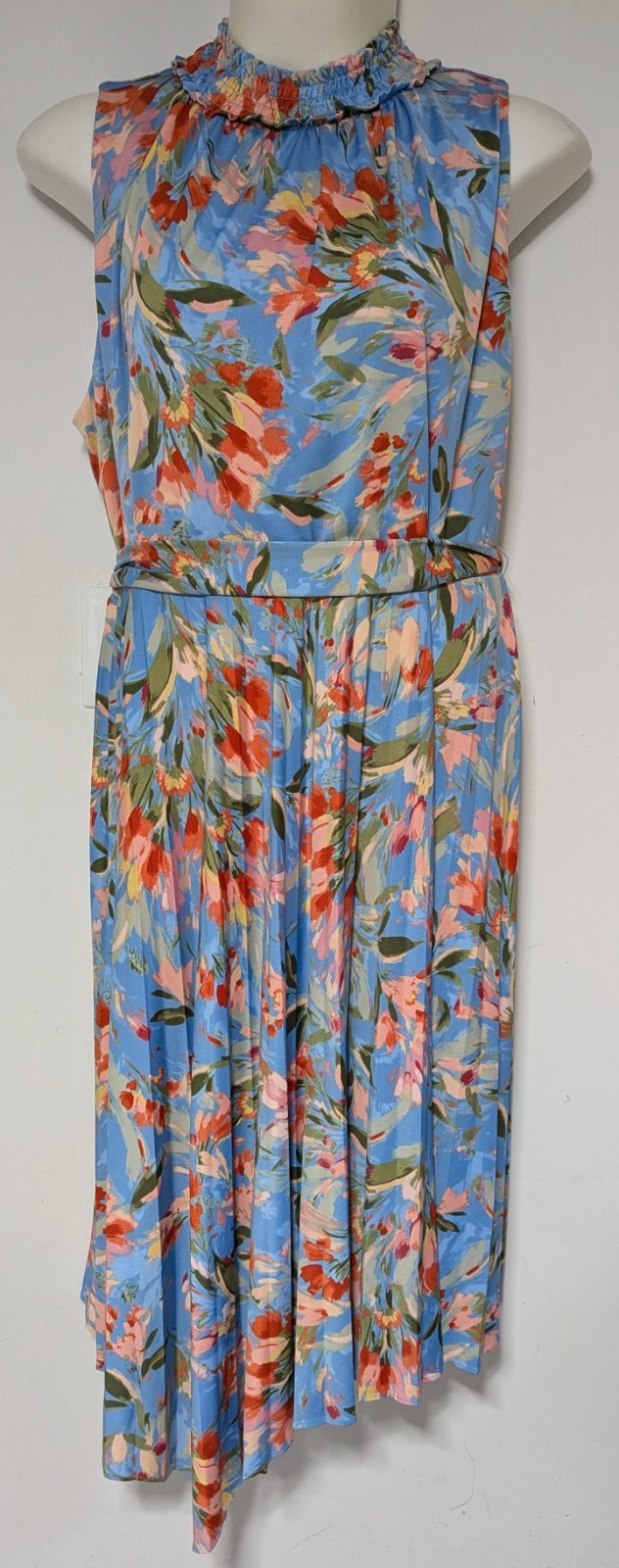 Cato 26/28W Dress Mid Length Blue Floral Pleated Non Iron Stretch Sleeveless