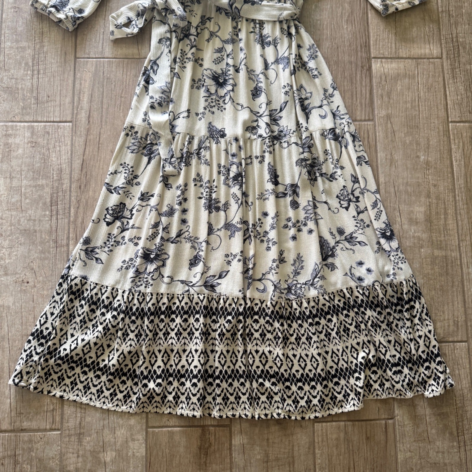 Knox Rose Womens Blue Floral Wrap Maxi Dress Boho Tiered V-Neck Cream Large