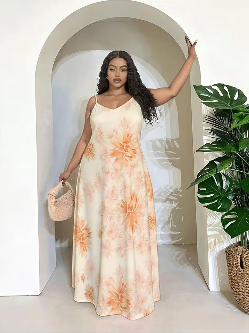 Watercolor Floral Plus Size Black Sling Maxi Dress
