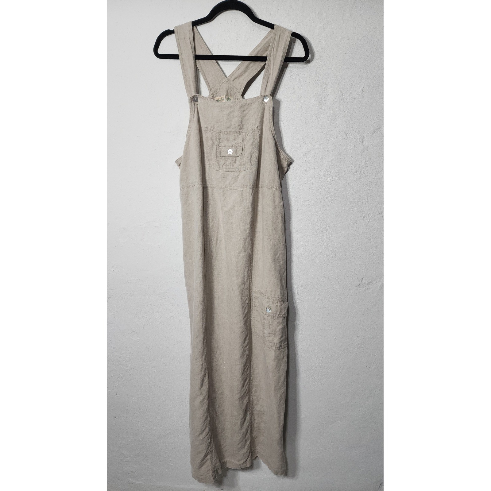 St Johns Bay Overall Maxi Dress Large Linen Tan Cargo Pocket Jumper Vtg Style