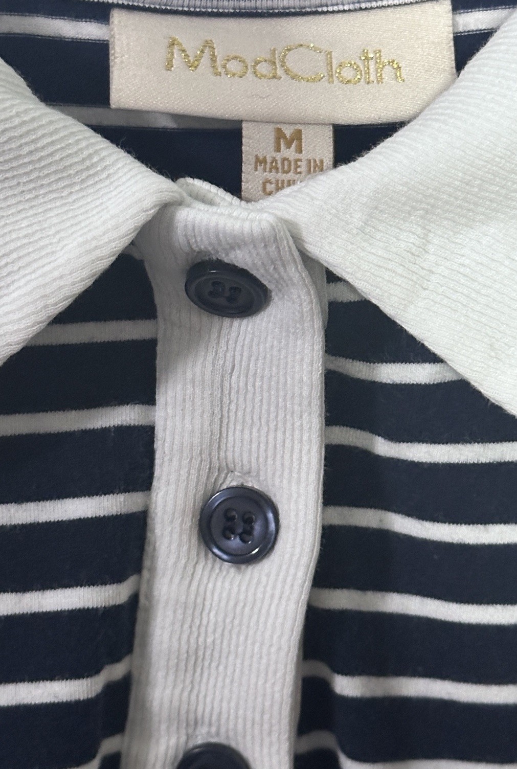 ModCloth size M Navy/White Striped Dress Button Collar Cat Logo
