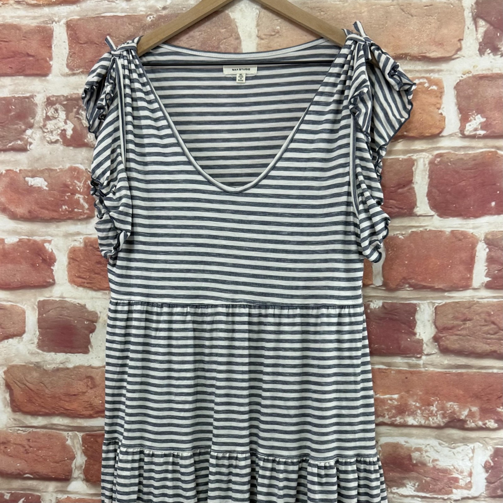 Max Studio Dress Womens XL Blue Striped Tiered Beachy Tie Shoulder Sundress